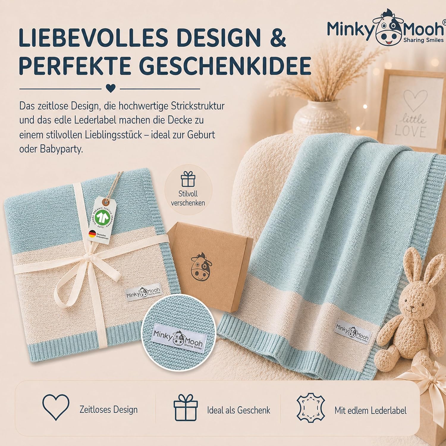 Thumbnail 5 de Minky Mooh® Babydecke aus 100% Bio-Baumwolle – Mint, 94x72 cm