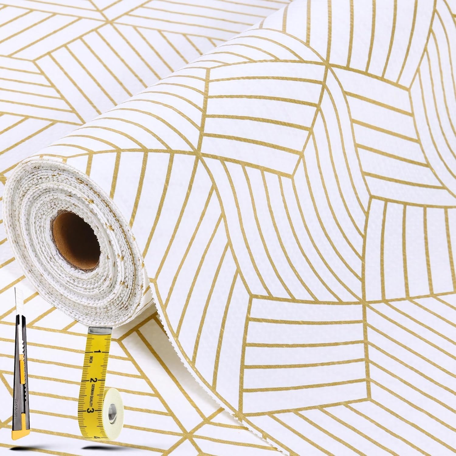 Shelf Liners for Kitchen Cabinets (12in x 20FT) Non-Adhesive Non-Slip Gold Geometric Liner