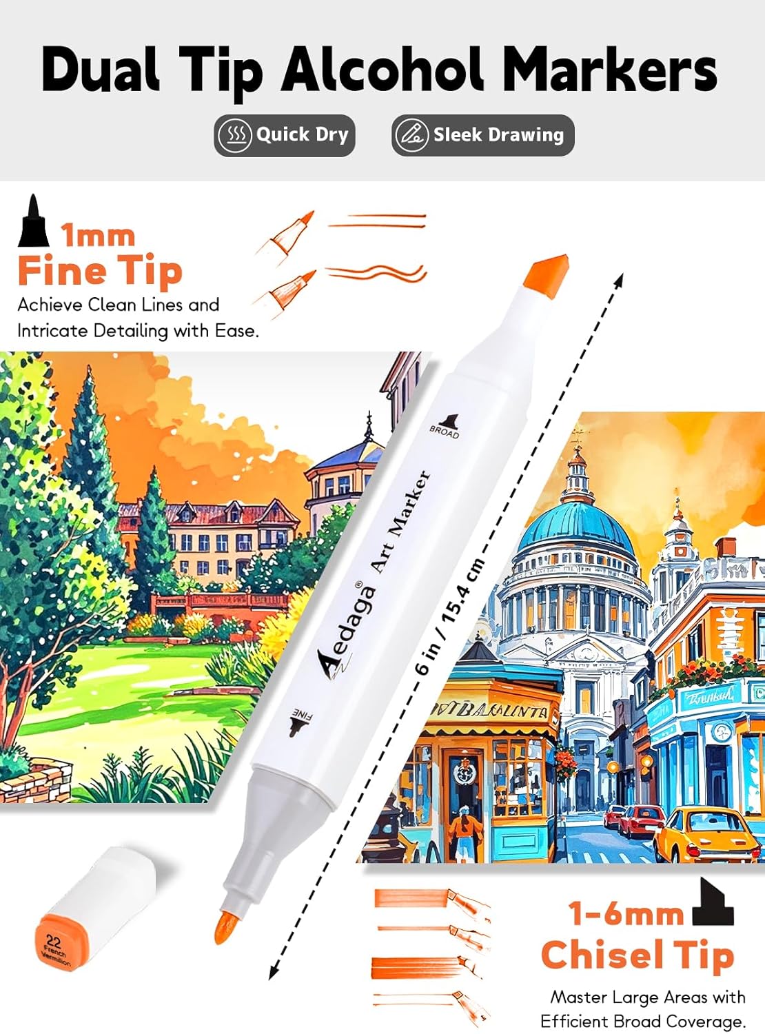 Detalle de AEDAGA 120 Colours Alcohol Markers with Free App, Chisel & Fine Tips