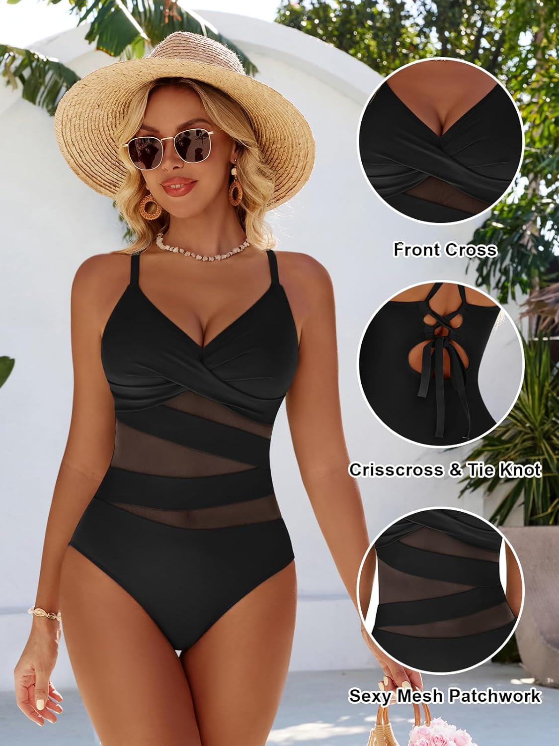 Thumbnail 3 de Dridreo Women's Sexy Mesh Tummy Control Swimsuits with V Neck Push Up One Piece
