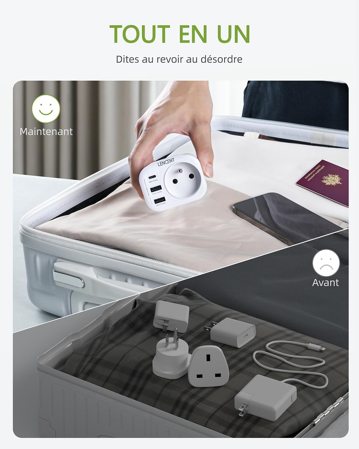 Thumbnail 6 de LENCENT Type G Adaptateur de Voyage 4 en 1 – Prise Française vers UK (Angleterre, Irlande, Écosse) avec 1 AC, 1 USB-C et 2 USB-A