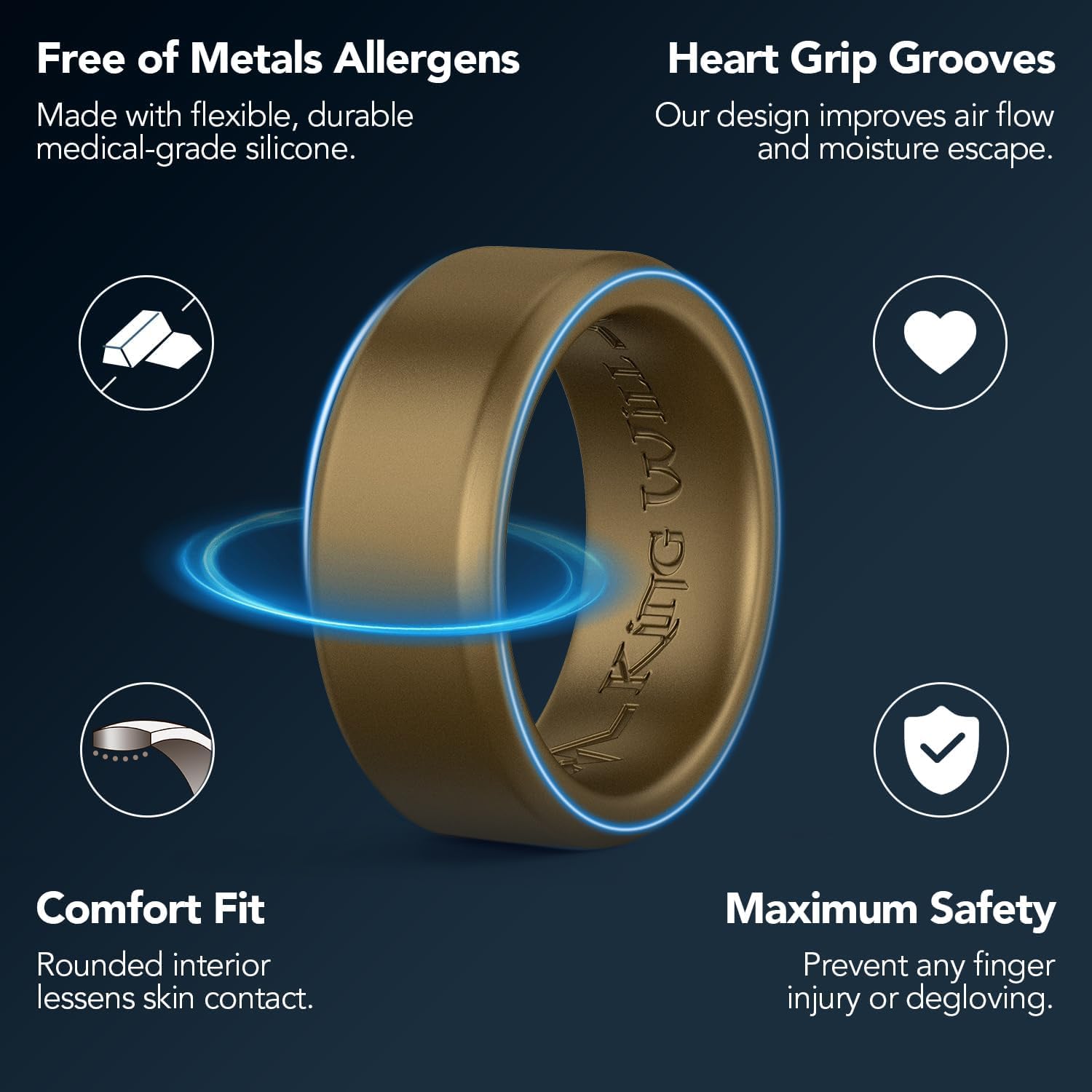 Detalle 2 de King Will Silicone Wedding Rings (8mm) with Heart Groove – Black/Blue/Mint/Grey, 2.2mm Thick