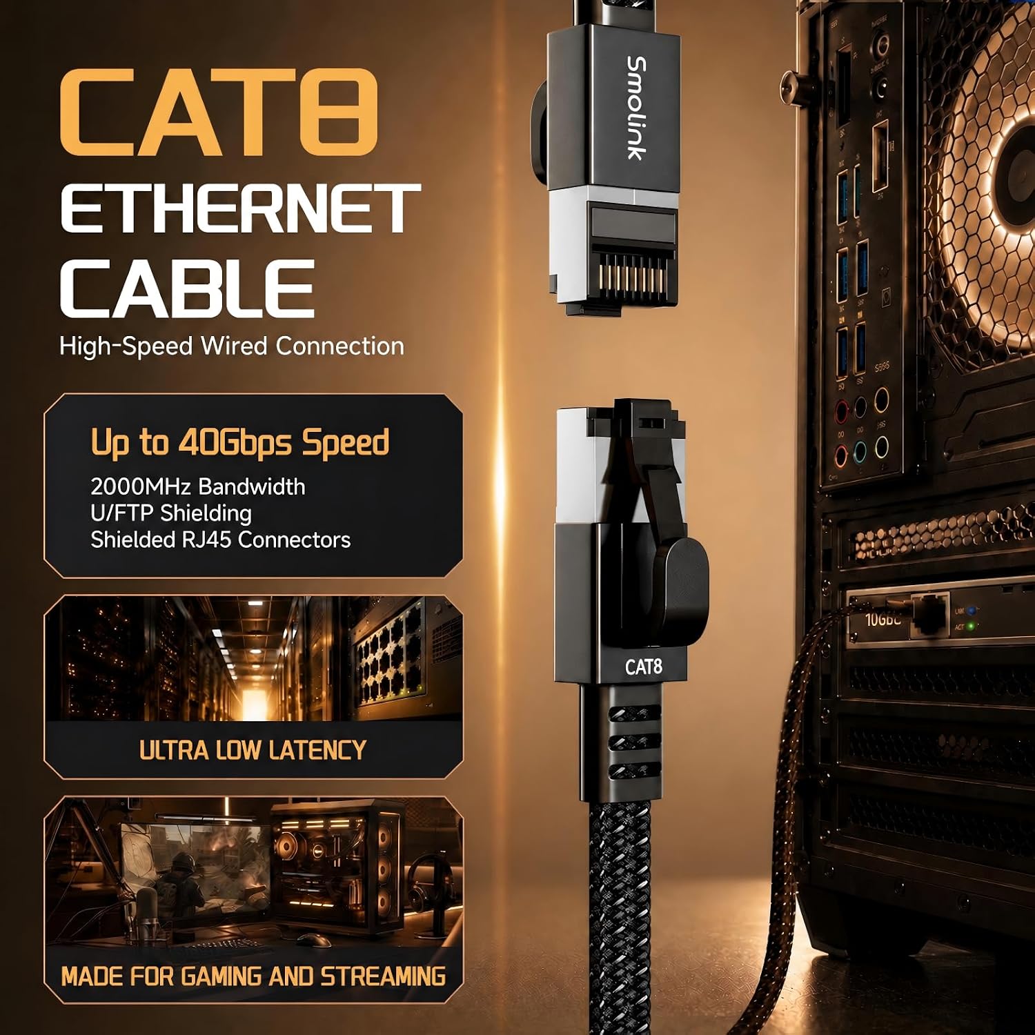 Detalle 2 de Smolink Cat 8 50ft Black Ethernet Cable, 40Gbps, 2000MHz, RJ45