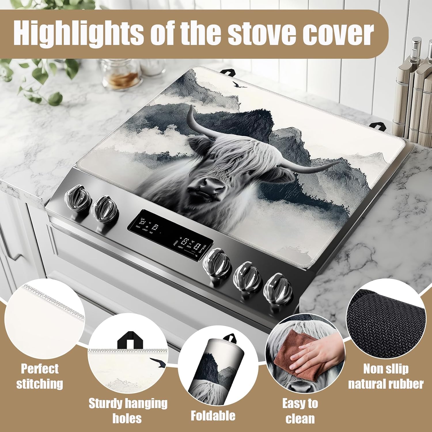 Detalle de GANTINIR Highland Cow Mountain Stove Top Cover, 28 x 20-Inch Rubber Mat