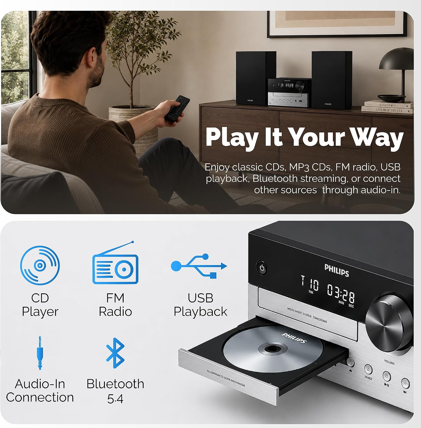Thumbnail 6 de Philips TAM3205M2 Micro Music System, Bluetooth 5.4, CD Player, 20W Stereo