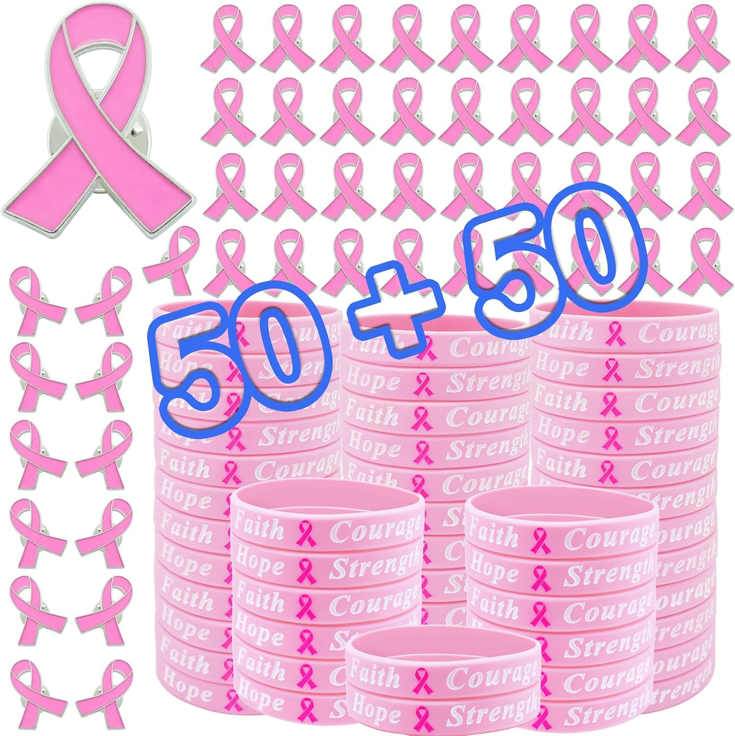 Detalle de ETHOON Breast Cancer Awareness Bracelets and Pins, 100-Piece Set