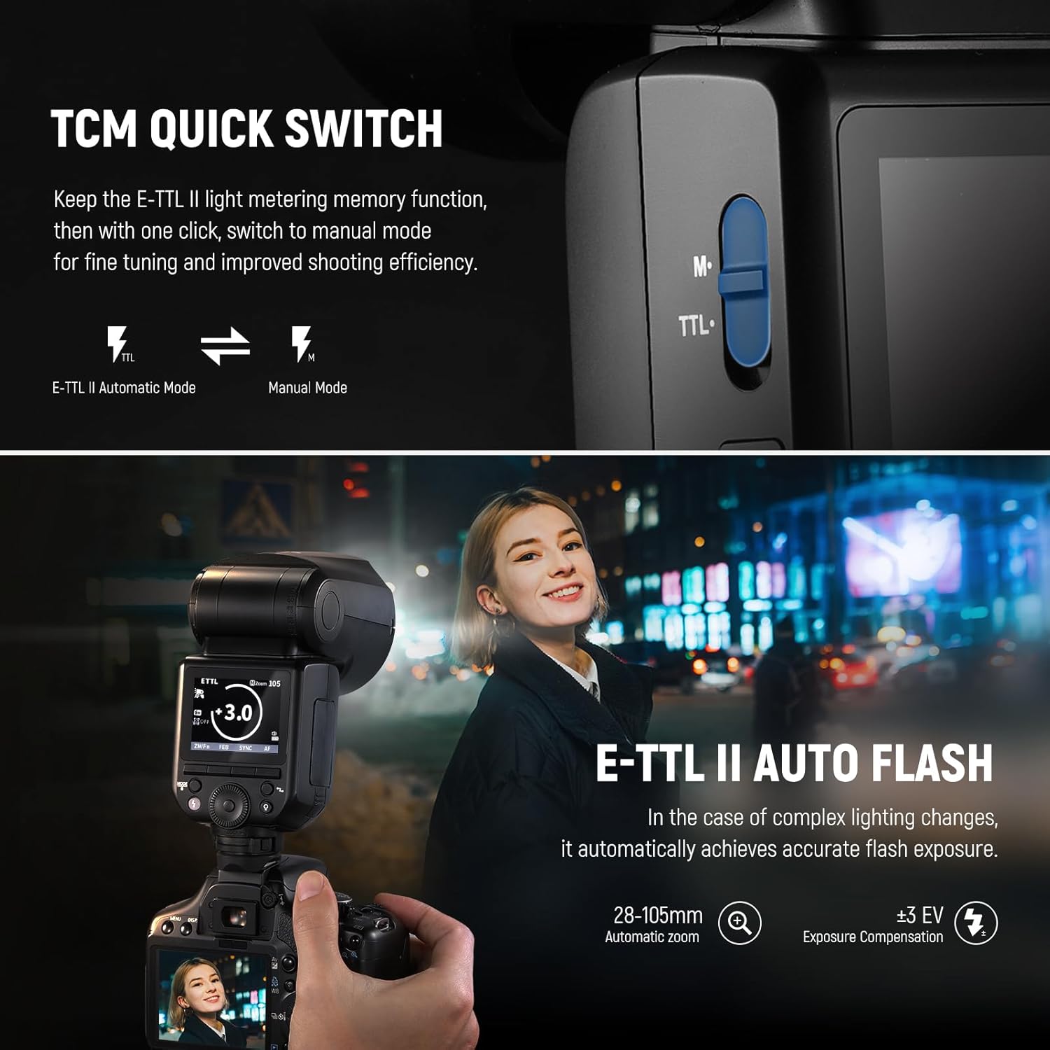 Detalle de NEEWER Z2-C Flash Speedlite TTL tête ronde 2,4G compatible Canon, HSS 1/8000s, TCM TTL/M