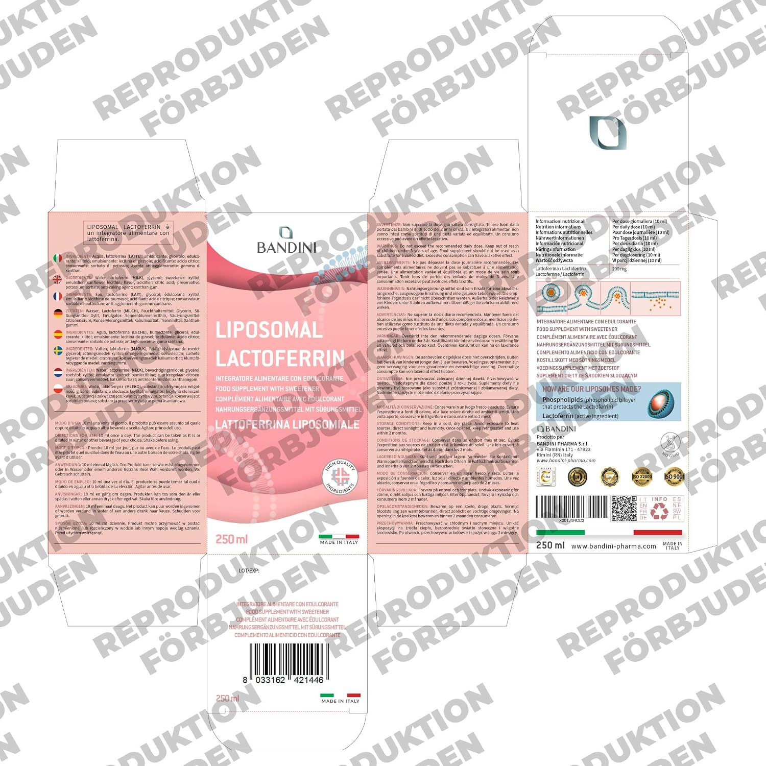 Detalle de Bandini® Liposomal Lactoferrin – flytande laktoferrintillskott, 250 ml