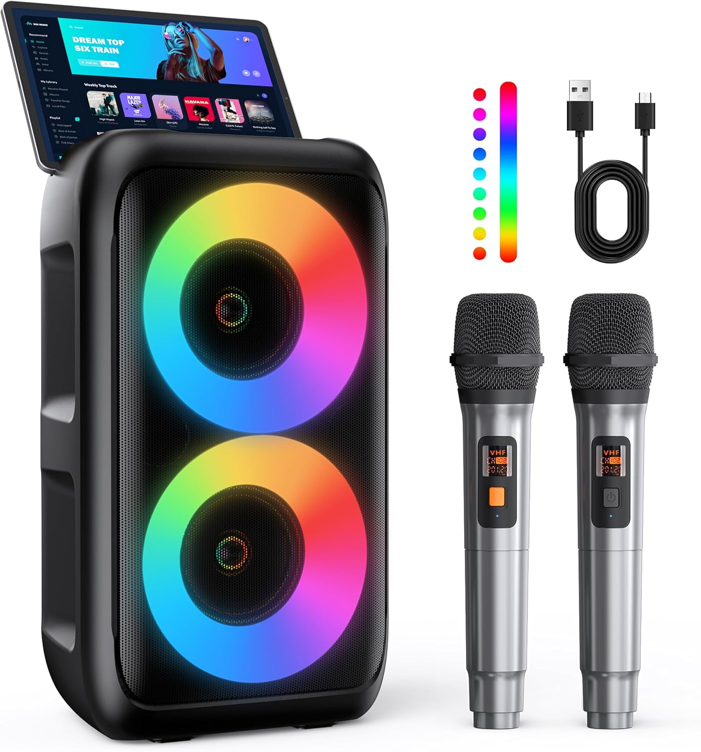Detalle de HEEBUKE Karaoke Maschine mit 2 kabellosen Mikrofonen – Tragbarer Bluetooth Lautsprecher 2x10W