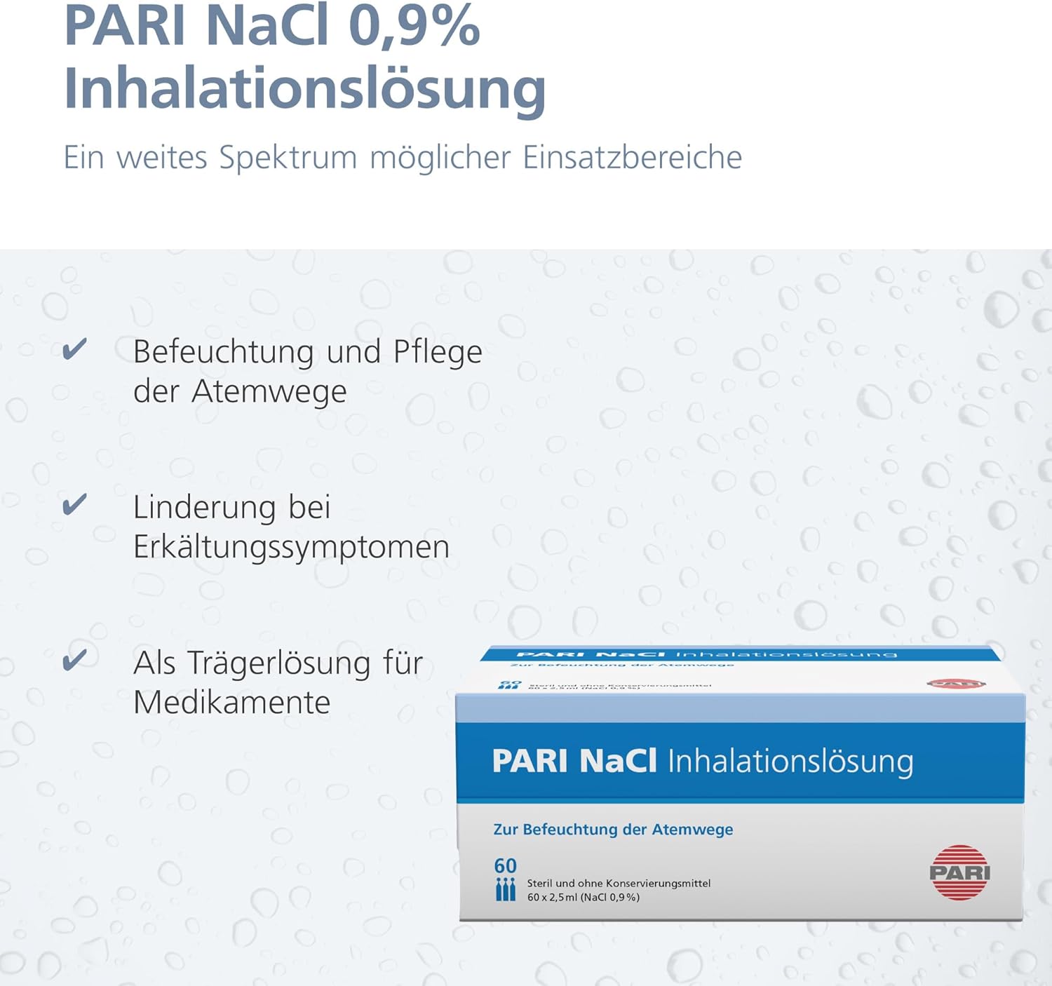 Detalle de PARI Kochsalzlösung zum Inhalieren – 60 Ampullen à 2,5 ml, steril, ohne Konservierungsstoffe