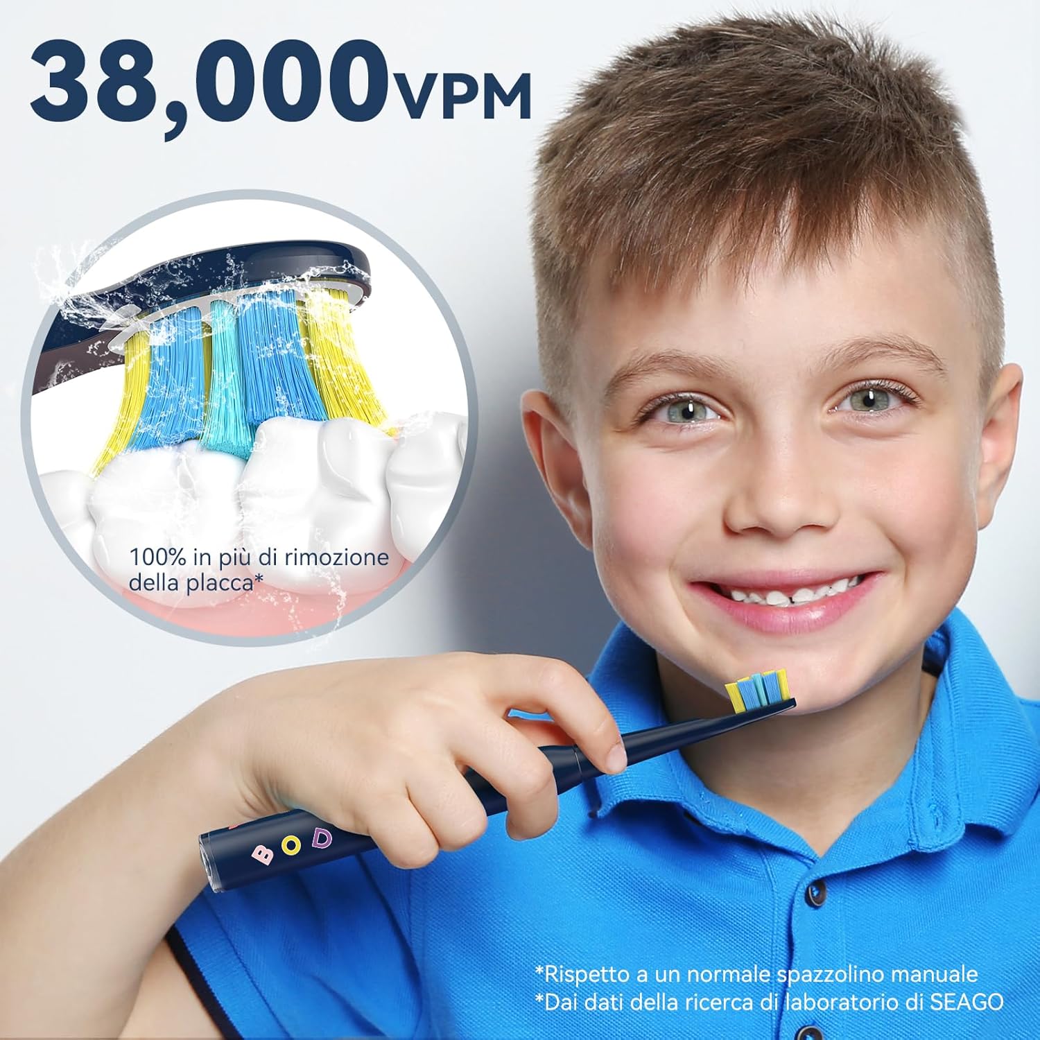 Detalle de Seago Spazzolino Elettrico Bambini 6-12 anni SG-2303 con timer, 8 testine e adesivi fai-da-te (IPX7, blu)