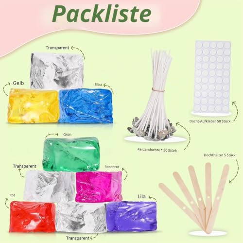Detalle de Blingfun Gel-Wachs-Set für DIY-Kerzen: 7 Farben, 9 Gel-Wachs-Stücke, langsames Brennen (130°C) inkl. Dochte und Halter