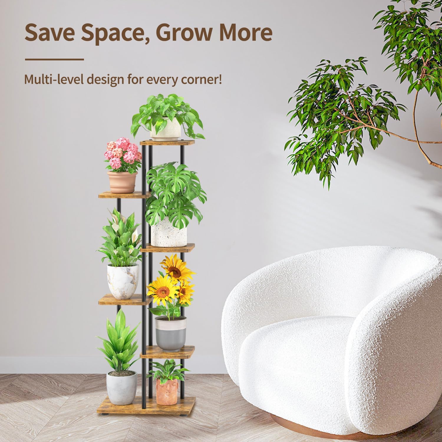 Thumbnail 6 de LASZOLA 5-Tier Indoor Plant Stand, Metal Frame and Wood Shelves