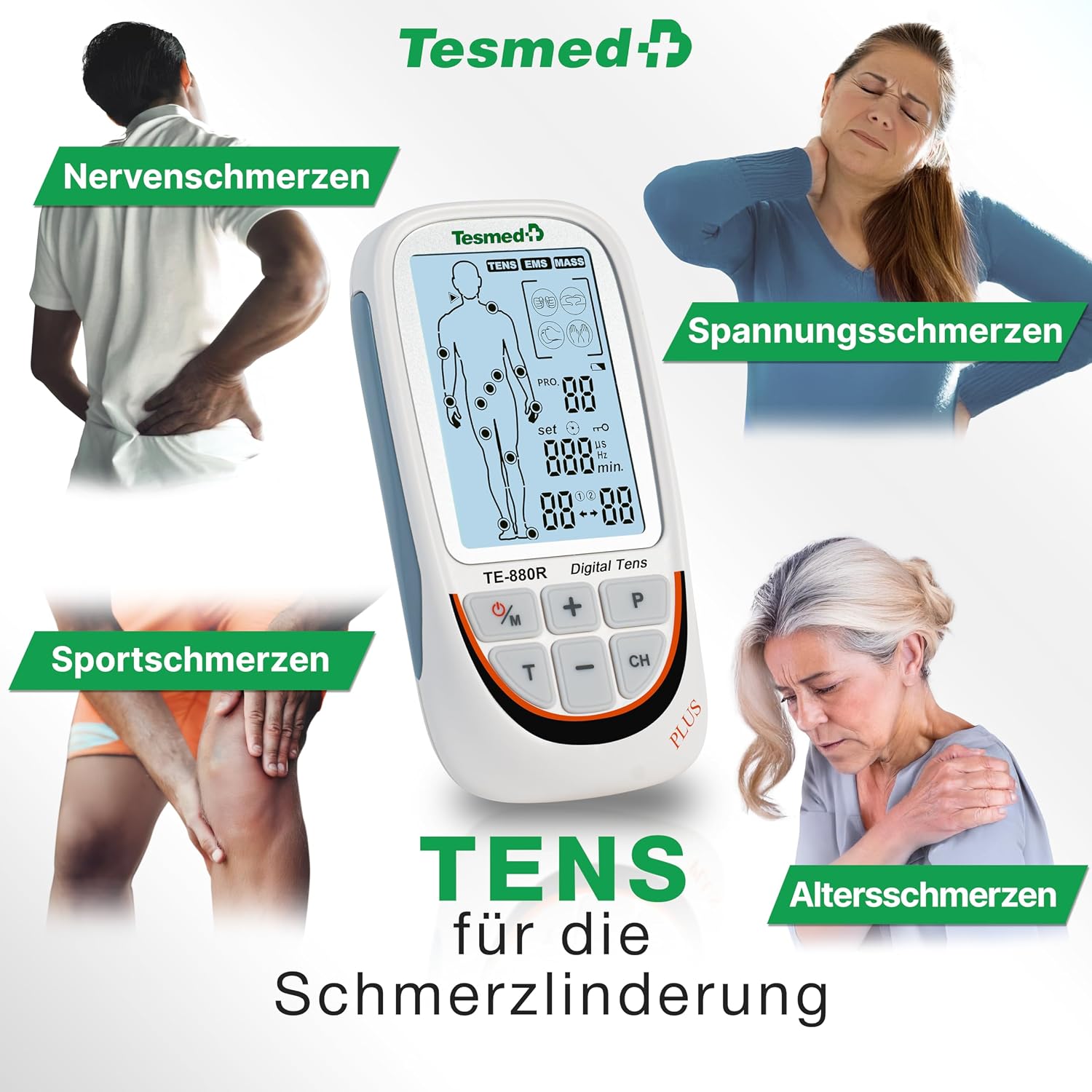Detalle 2 de TESMED TE-880R Plus: Wiederaufladbarer TENS EMS Gerät mit 73 Programmen und 8 Elektroden