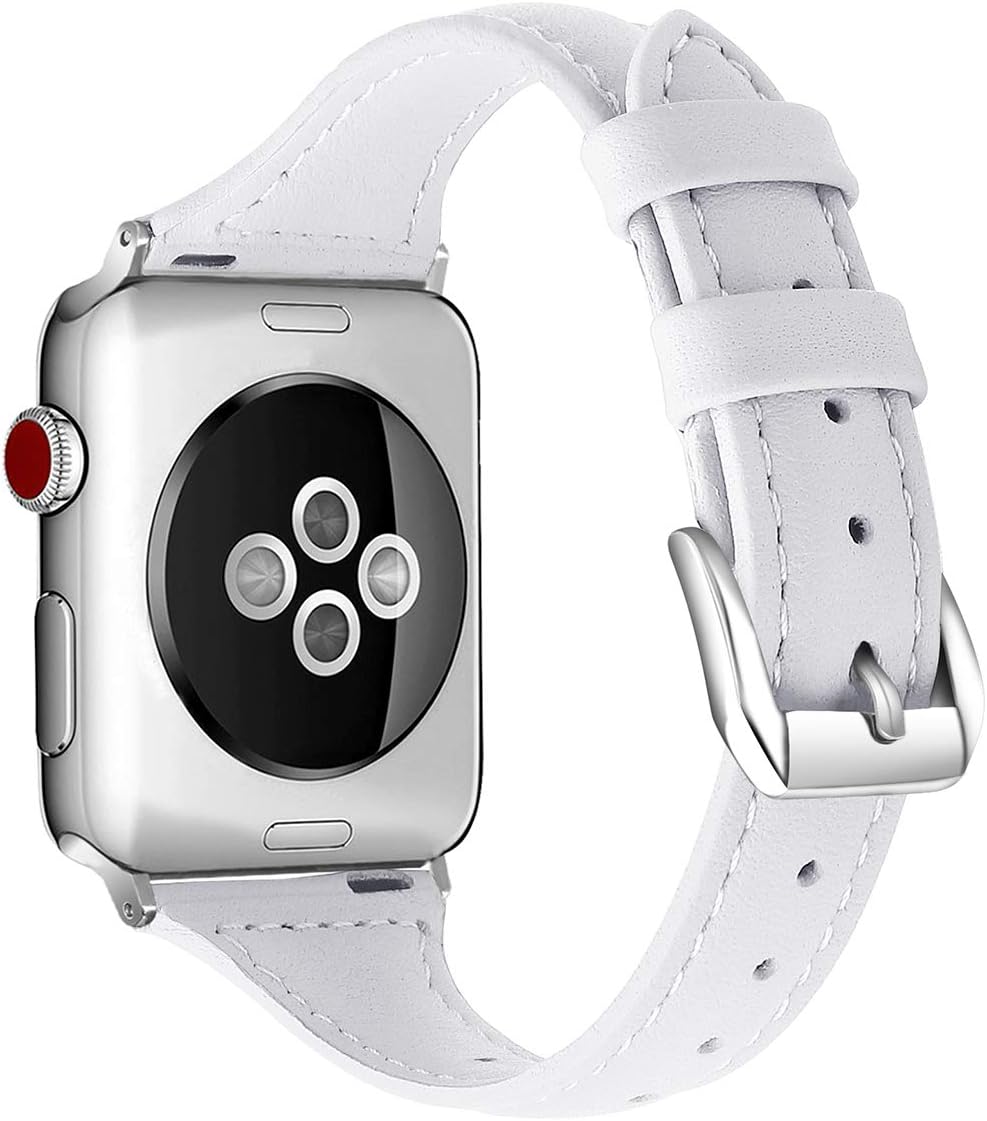 Detalle de SEURE Lederarmband kompatibel mit Apple Watch 38/40/41 mm (Edelstahl-Schnalle, Weiß/Silber)