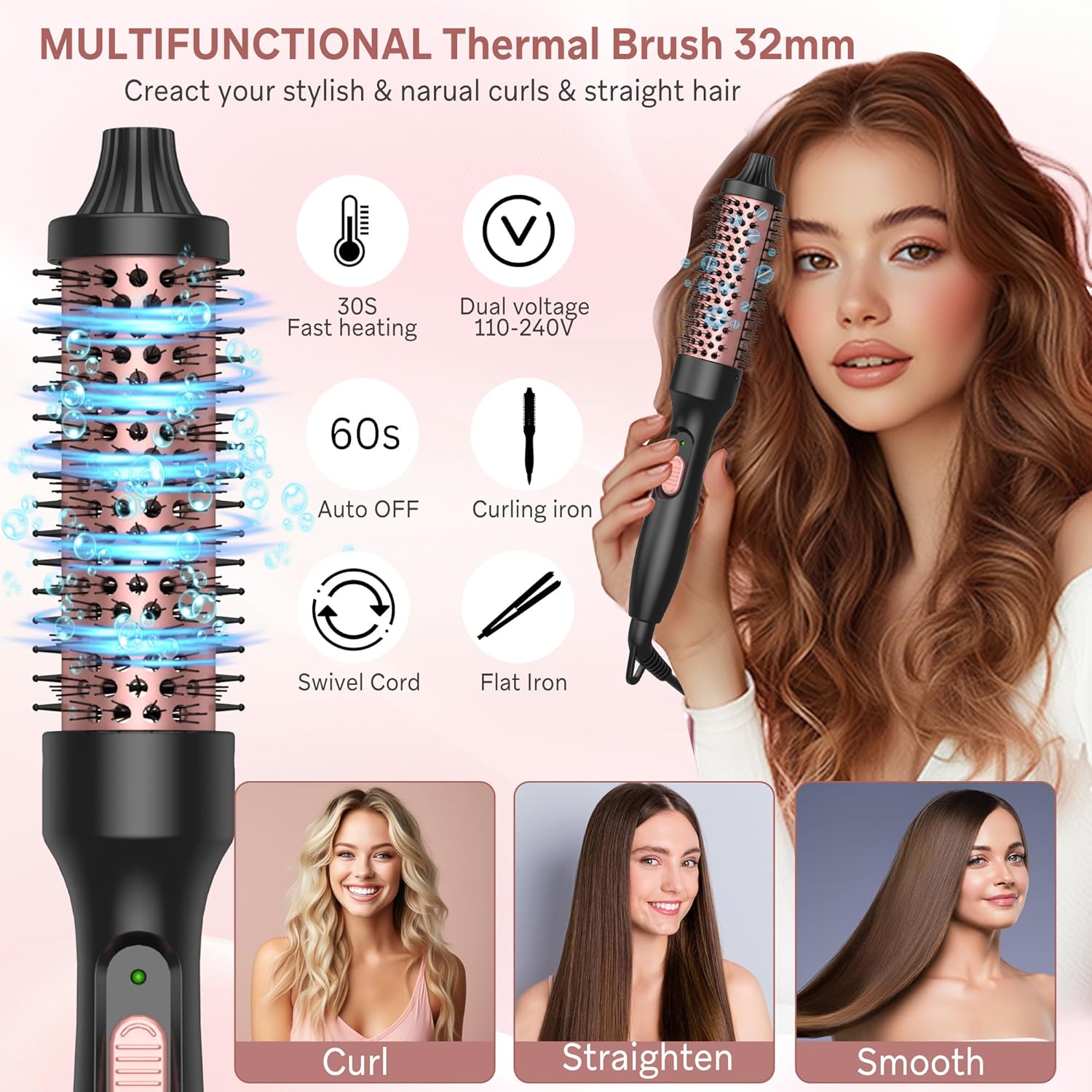 Thumbnail 1 de UKLISS Thermal Brush 32mm Heated Round Brush (3 in 1) – 392°F, Double Voltage for Travel