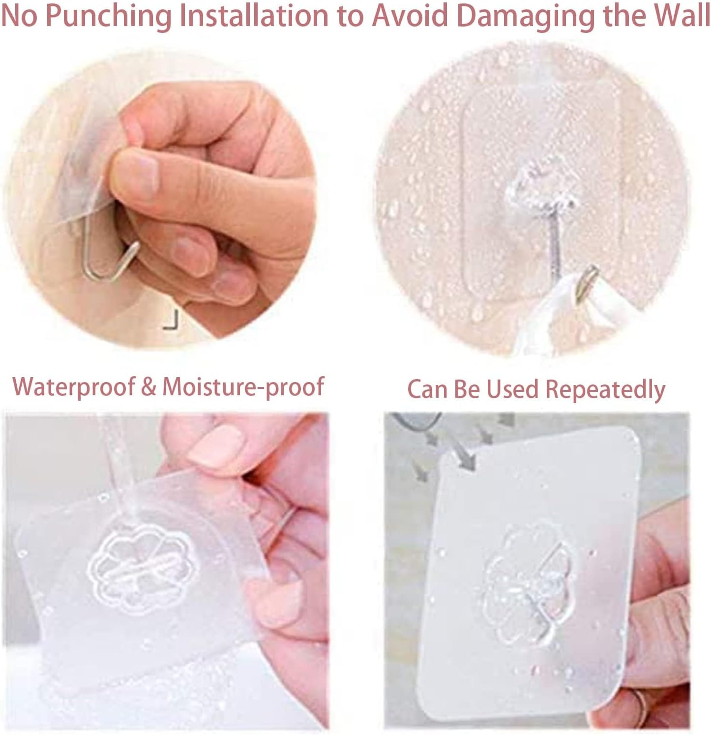 Thumbnail 4 de Adhesive Wall Hooks (50 lb) Heavy-Duty Clear Hooks, Stainless Steel + PVC, 10-Pack