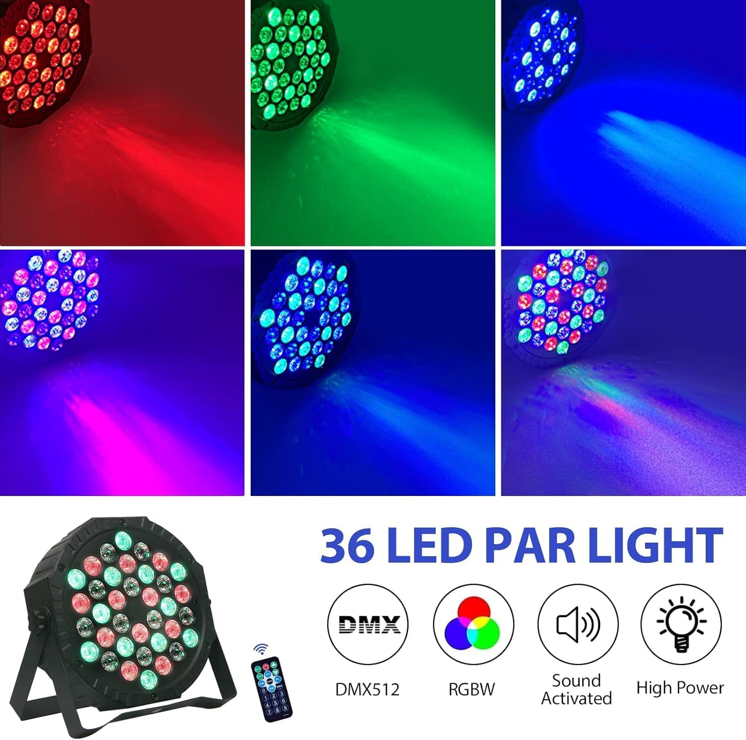 Detalle 2 de Discolicht RGB Partylicht 2er-Set mit Fernbedienung – 36 LED Par Strahler für Bar, Bühne, DJ, Party