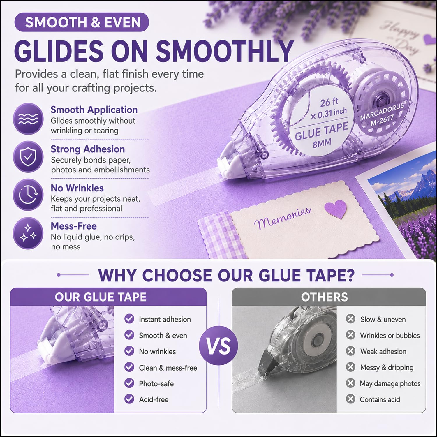 Detalle de MARCADORUS Glue Tape Roller for Scrapbooking – Double-Sided Adhesive, 106 Ft