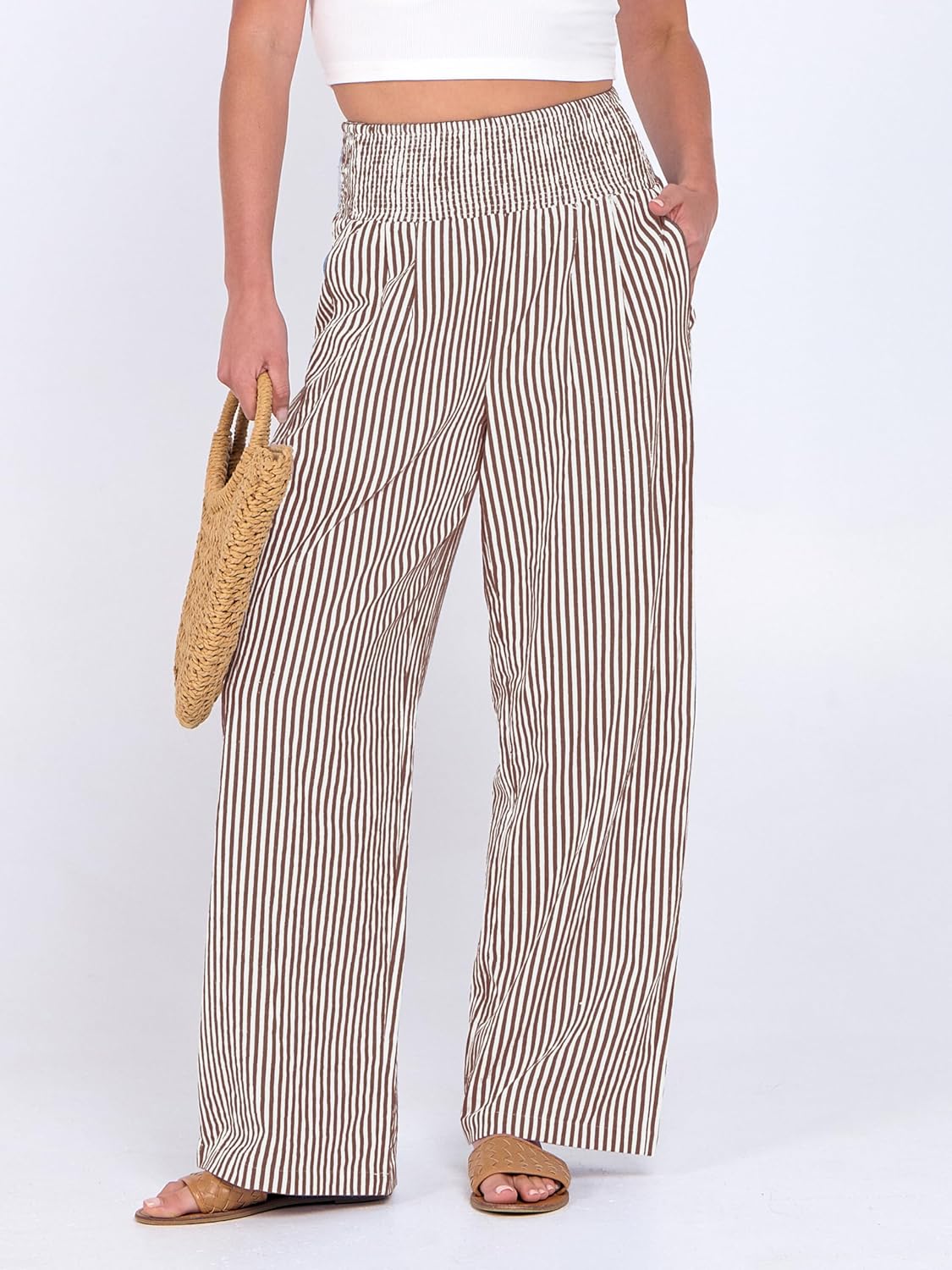 Thumbnail 1 de ANRABESS Gingham Plaid Palazzo Pants for Women – High-Wlex Wide-Leg Loungewear with Smocked Waist