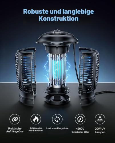 Detalle de KITBEZN Insektenvernichter Elektrisch 20W UV‑Lampe, 4200V, IPX4 – Mückenfalle für Innen und Außen