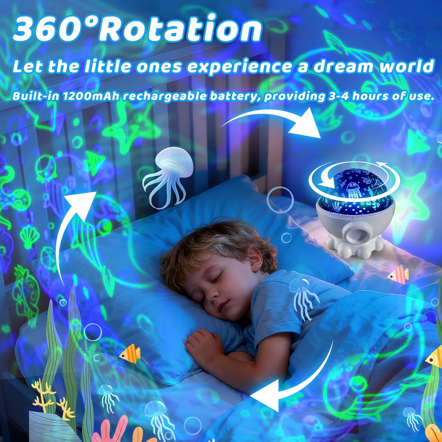 Detalle 2 de Octopus Night Light Projector for Kids – 360° ocean star projector with remote, timer & 17 light modes (white)