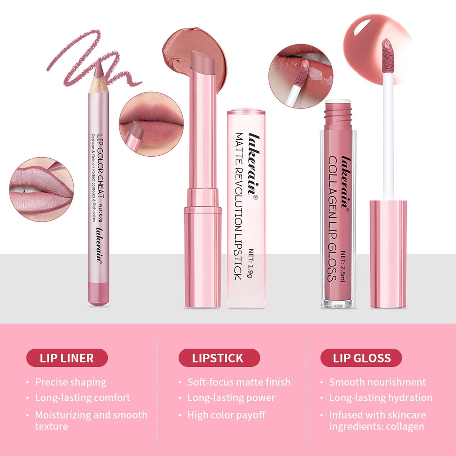 Detalle 2 de 3-Piece Nude Pink Lip Set with Lip Liner, Velvet Matte Lipstick & Collagen Gloss