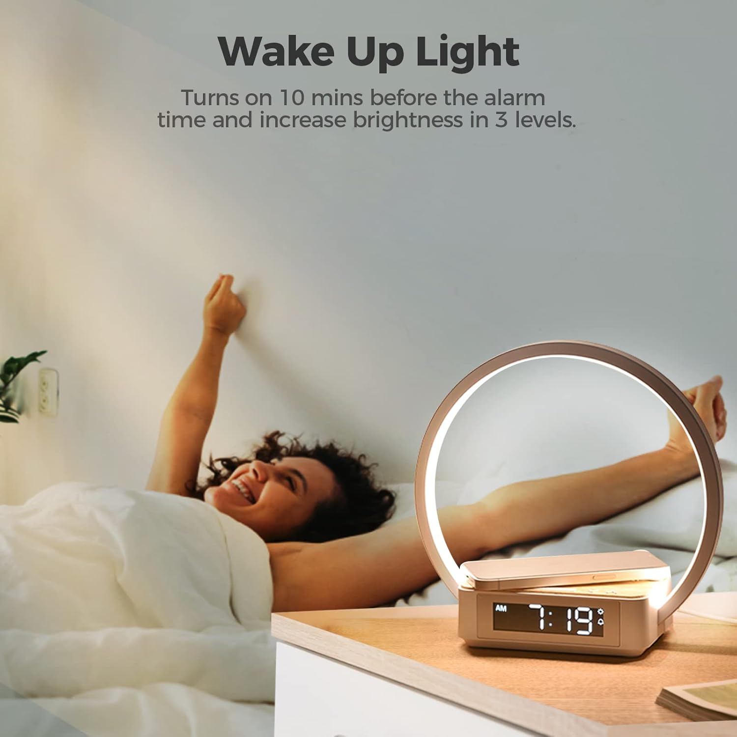 Detalle de blonbar LED Nachttischlampe mit Ladefunktion (10 W Wireless Charger) – Touch-Dimmung & Wake-up-Light Wecker