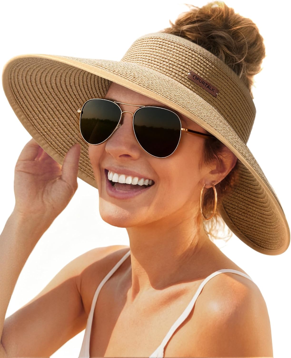 Detalle de FURTALK Women’s Sun Hats Wide Brim Straw Hat with UPF 80+ Protection (Packable, Foldable, Ponytail Opening)