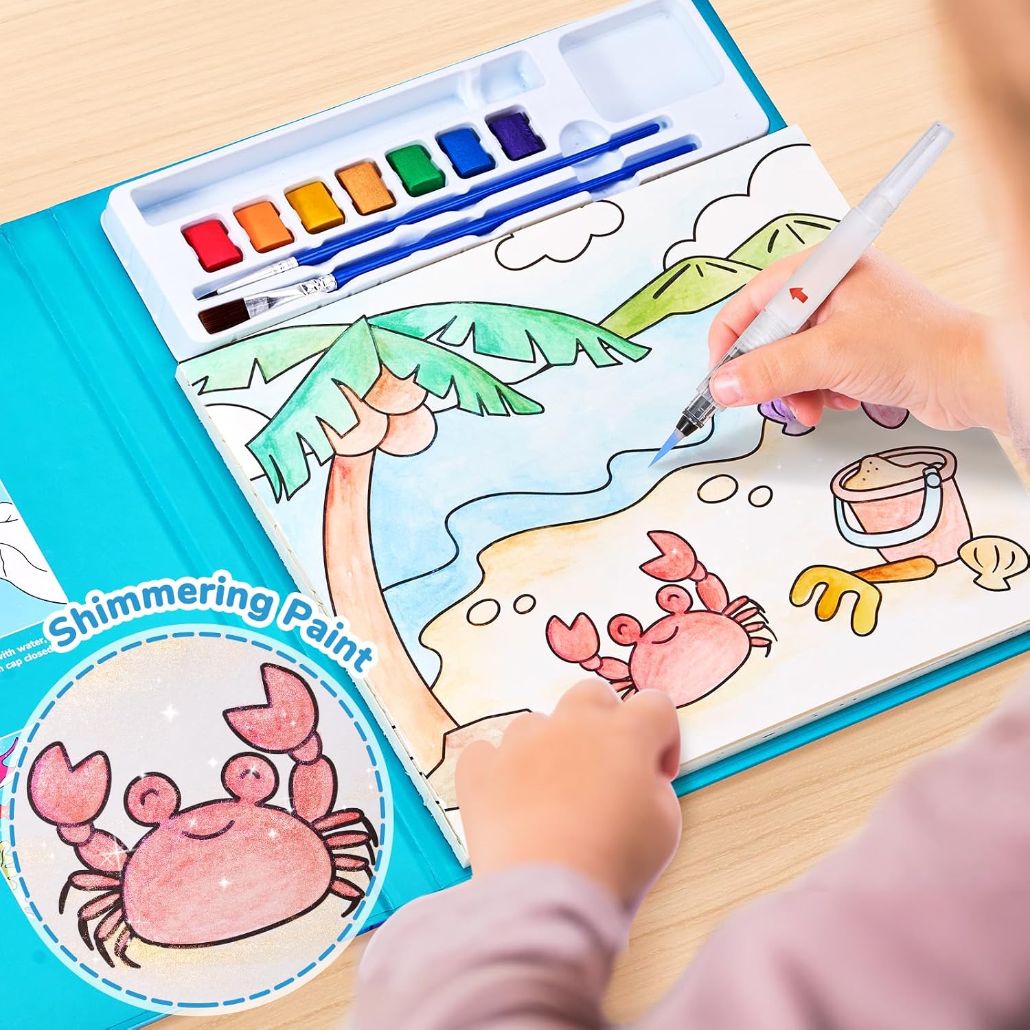 Detalle de JoyCat Malbuch mit Wasserfarben für Kleinkinder (3–8 Jahre) – 3-in-1 Aquarellset mit 20 Meeres-Themenseiten