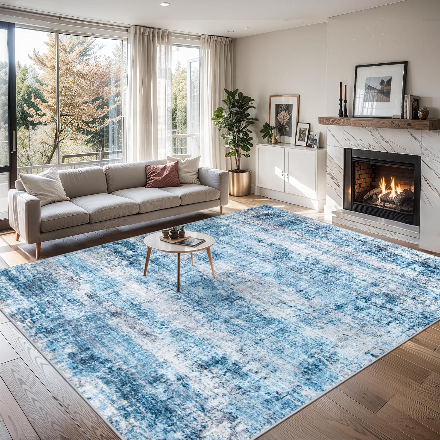 Detalle de PLHXFR 8x10 Area Rug, Blue Modern Abstract Washable Polyester Carpet