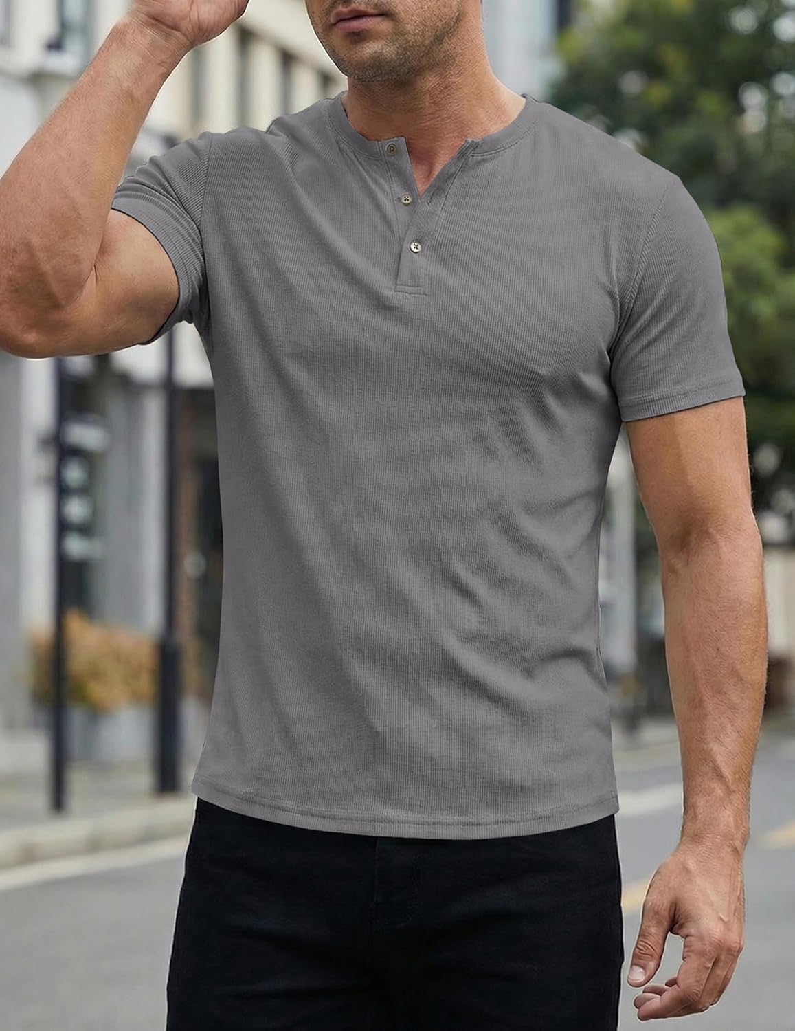 Detalle de JMIERR Men's Muscle Slim Henley Shirts – Button-Front Crewneck Tee for Gym & Casual Wear