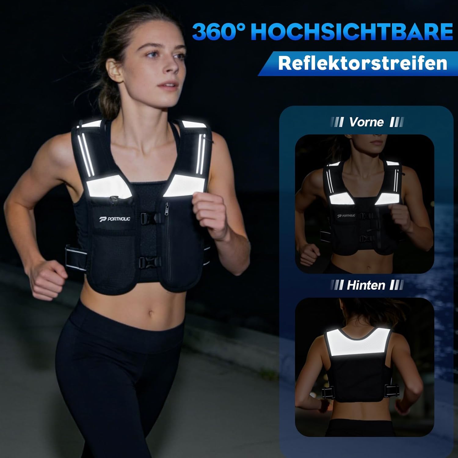 Thumbnail 5 de PORTHOLIC Laufweste Trinkweste mit 2×500 ml Softflaschen, LED & 360° Reflexstreifen