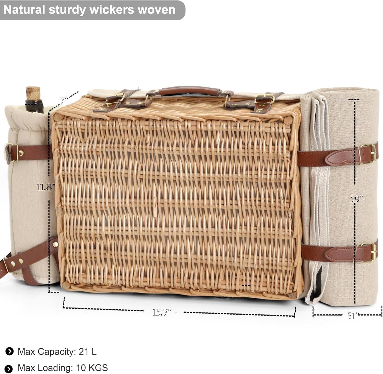 Detalle de SatisInside Versatile picnic set for 4- natural 4人用柳編みピクニックバスケット、断熱仕様・テーブル付き