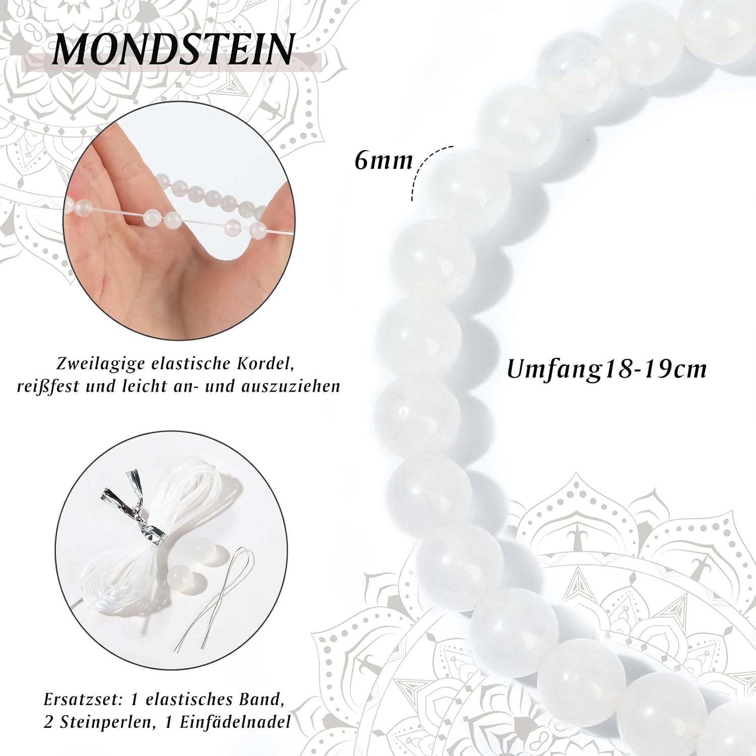 Detalle de RUBY 6mm Heilstein Armband für Damen – Mondsteinhandwerk, mit Geschenkbox und Ersatzperlen