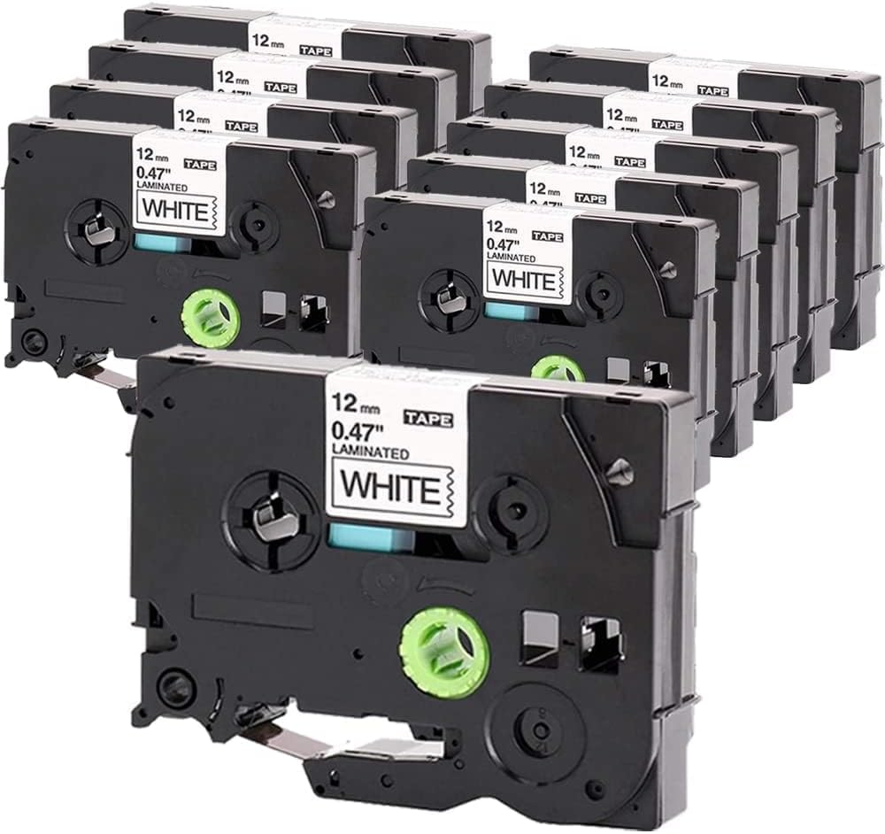 Molabel 10er-Pack TZe-231 Schriftbänder – 12 mm, Schwarz auf Weiß, laminiert