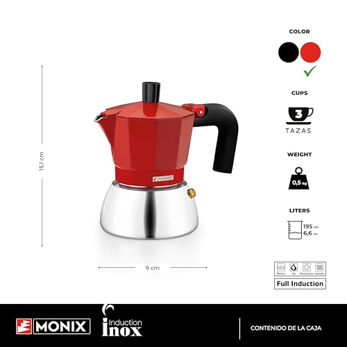 Detalle de Monix Induction Inox: Cafetera Italiana de 3 tazas en rojo, apta para inducción