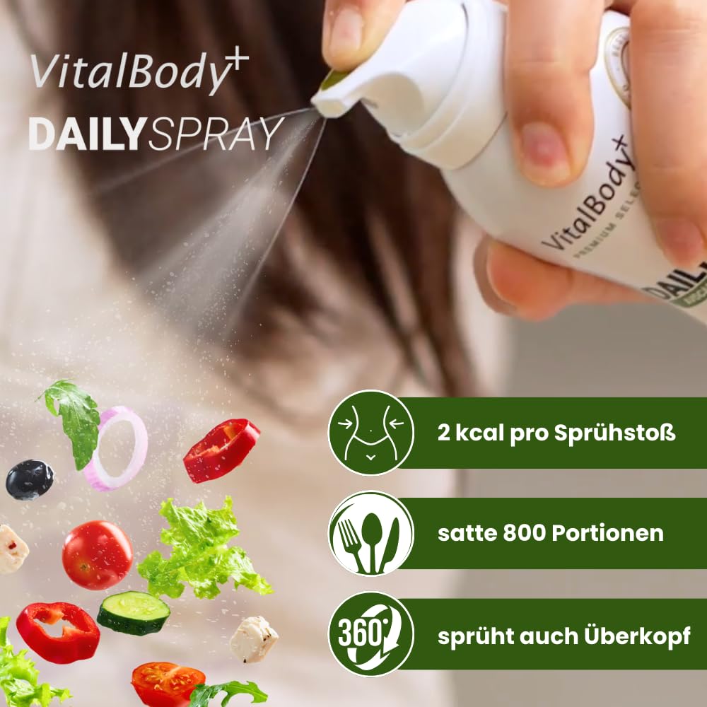 Detalle de VitalBody+ DailySpray Avocadoöl – 2 kcal pro Sprühstoß, kalorienarm, antihaftend für Airfryer, Braten & Grillen