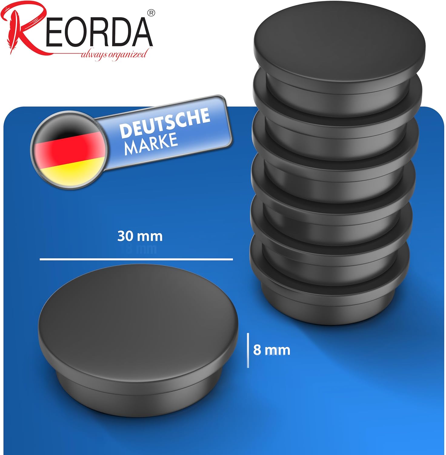 Detalle de REORDA Magnet stark – 60 Stück, Ø30 mm, 8 mm stark, rund, schwarz, rostfrei