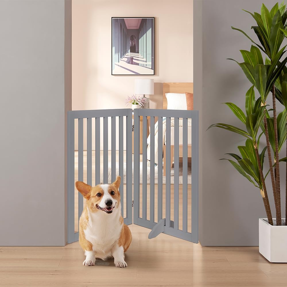 Thumbnail 1 de unipaws 91 cm hohes freistehendes Absperrgitter aus Holz, faltbar & erweiterbar (2-teilig), grau