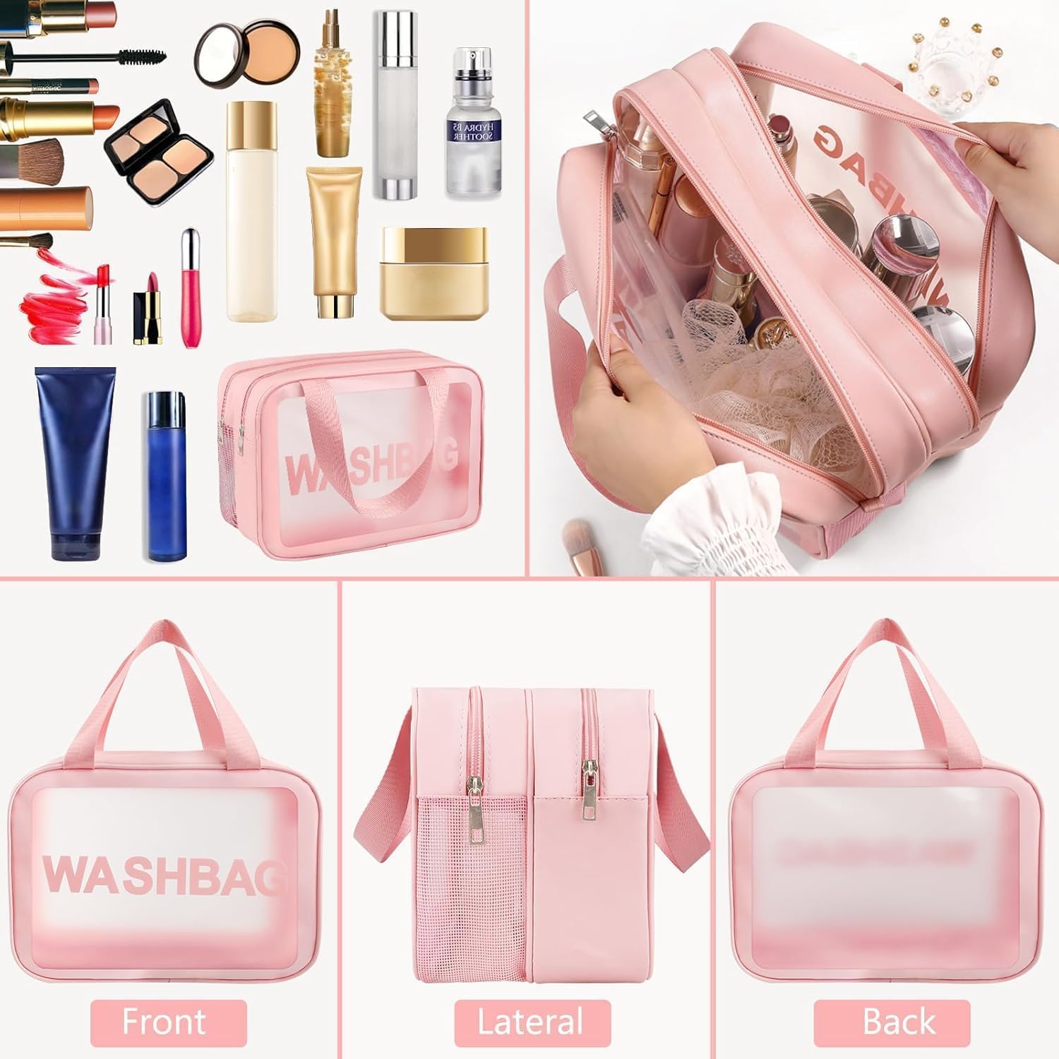 Thumbnail 4 de Clear Toiletry Bag Wet & Dry Separation PVC Makeup Cosmetic Bag (Large Capacity) – Pink
