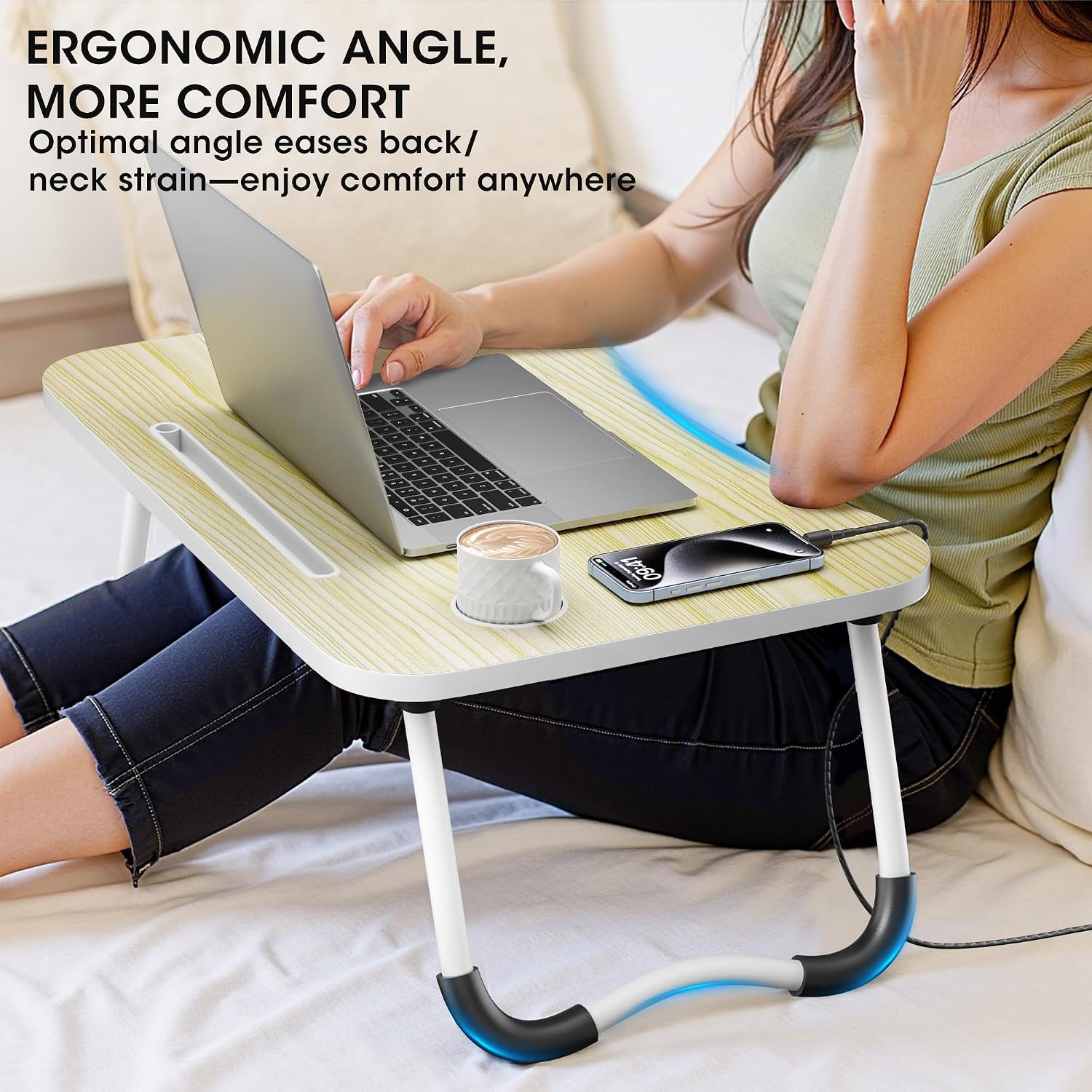 Detalle 2 de Frpufi 23.6-Inch Wood Folding Lap Desk with Cup Holder and Device Slot