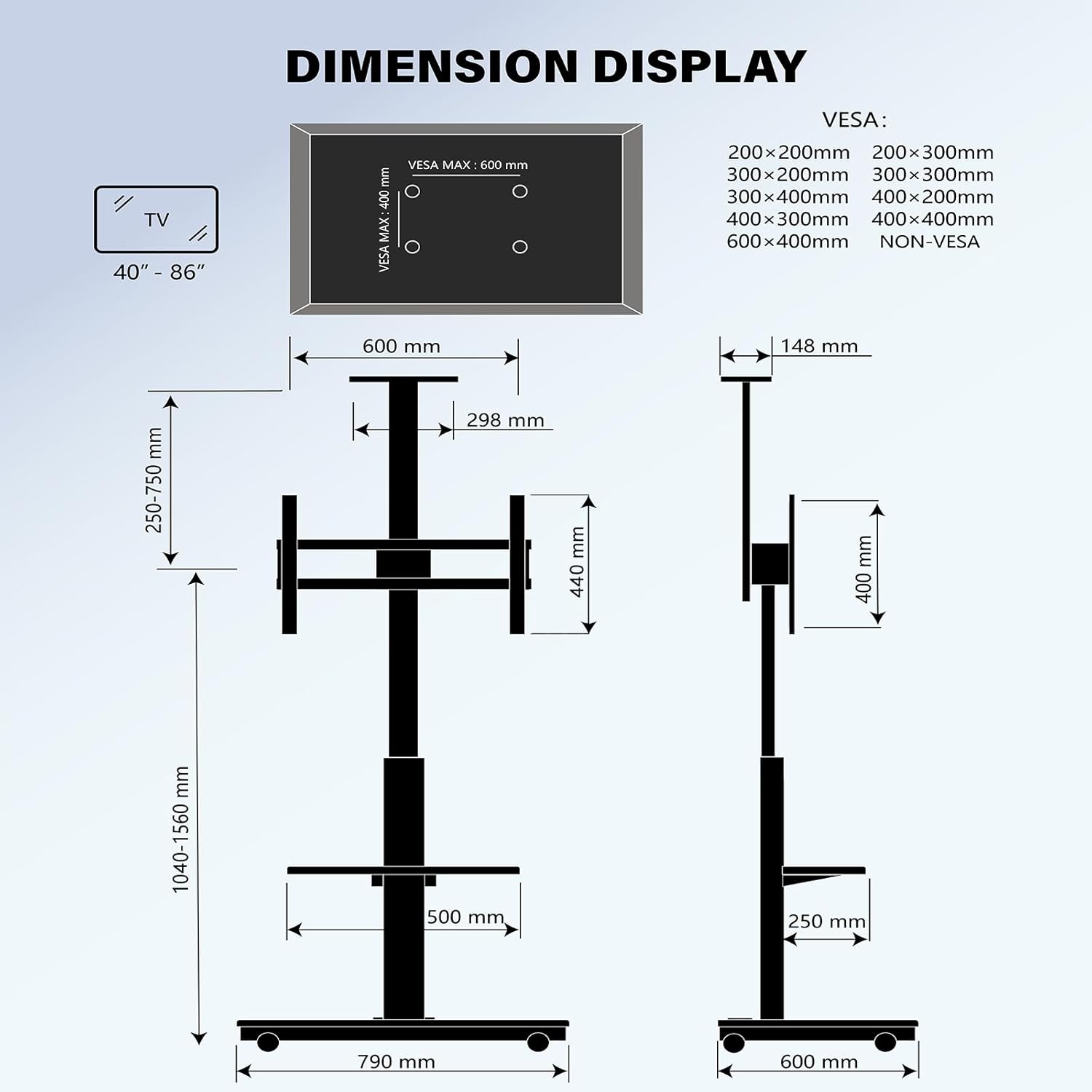 Thumbnail 1 de XTRARM Elite support TV mobile réglable en hauteur (40 à 86 pouces, 60 kg max) avec multiprise et tablettes