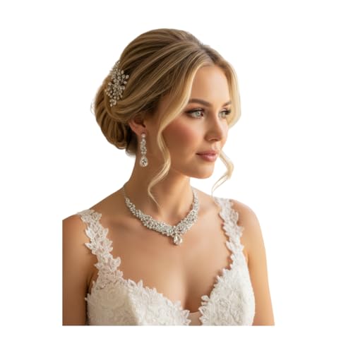 Detalle de ONDEGO Schmuckset Silber Strass – Halskette, Ohrringe & Armband