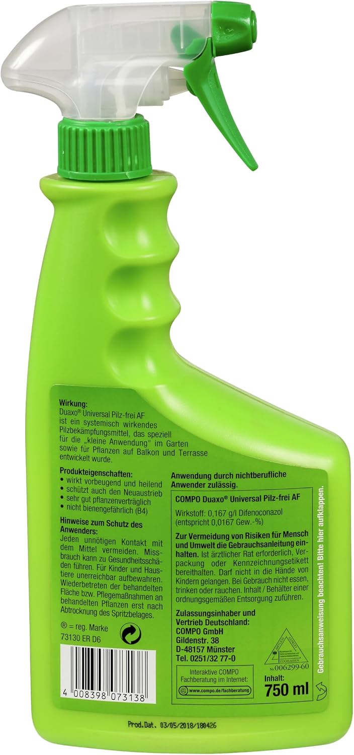 Detalle de Compo Duaxo Universal Pilz-frei AF – Anwendungsfertiges Fungizid-Spray für Zierpflanzen, Kräuter und Gemüse (750 ml)