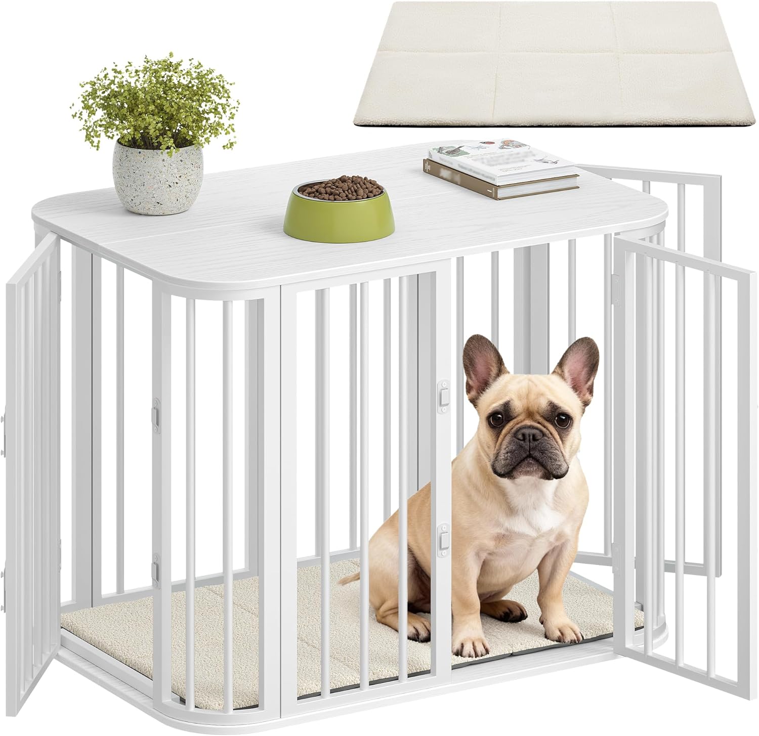 Hzuaneri Cage pour Chien Meuble — Cage d’intérieur à trois portes, 77 × 52 × 59 cm, bois et métal, blanc (DFC87713W)