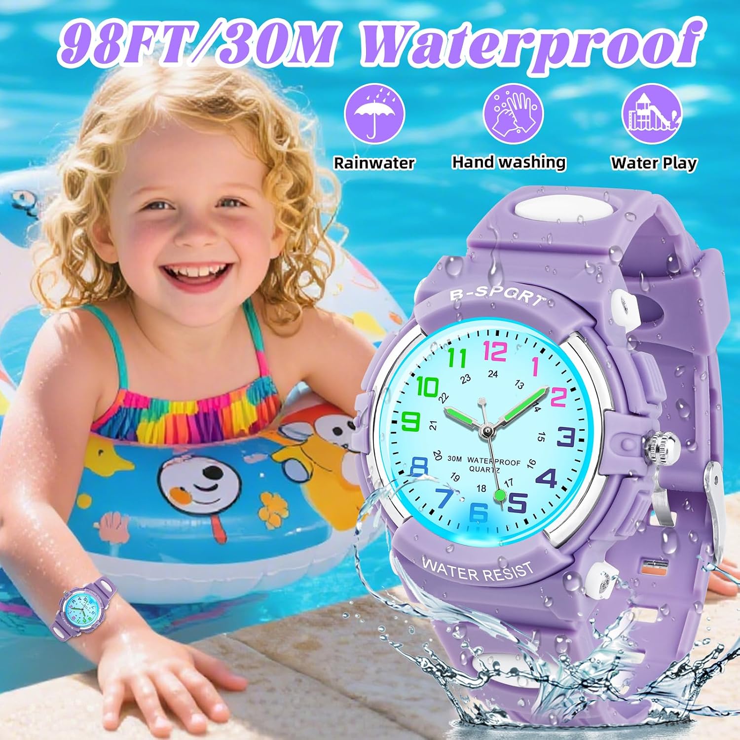 Detalle de GUUMUXIN Lernuhr für Kinder – Analoge Uhr mit bunten Lichtern, TPU Armband, 30 m wasserdicht (5–16 Jahre)