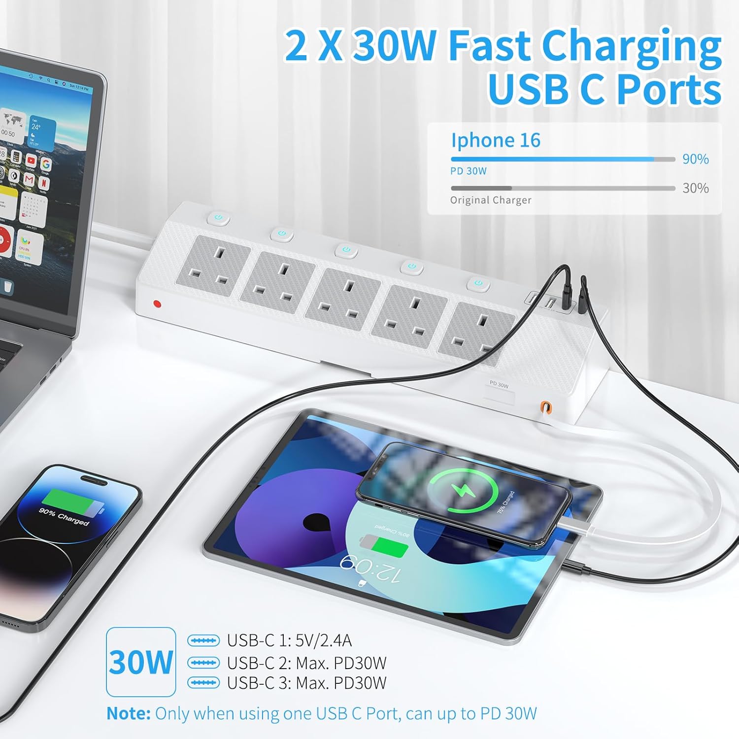Thumbnail 3 de STGAROT Desk Extension Lead 1.8M with PD 30W USB-C, 5 AC Outlets & 5 USB Ports (Retractable USB-C Cable) — Clamp Mount