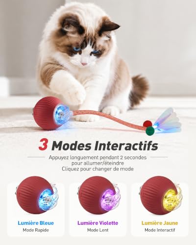 Detalle de RZPTL balle interactive pour chat rouge avec queue, 3 modes et recharge USB-C