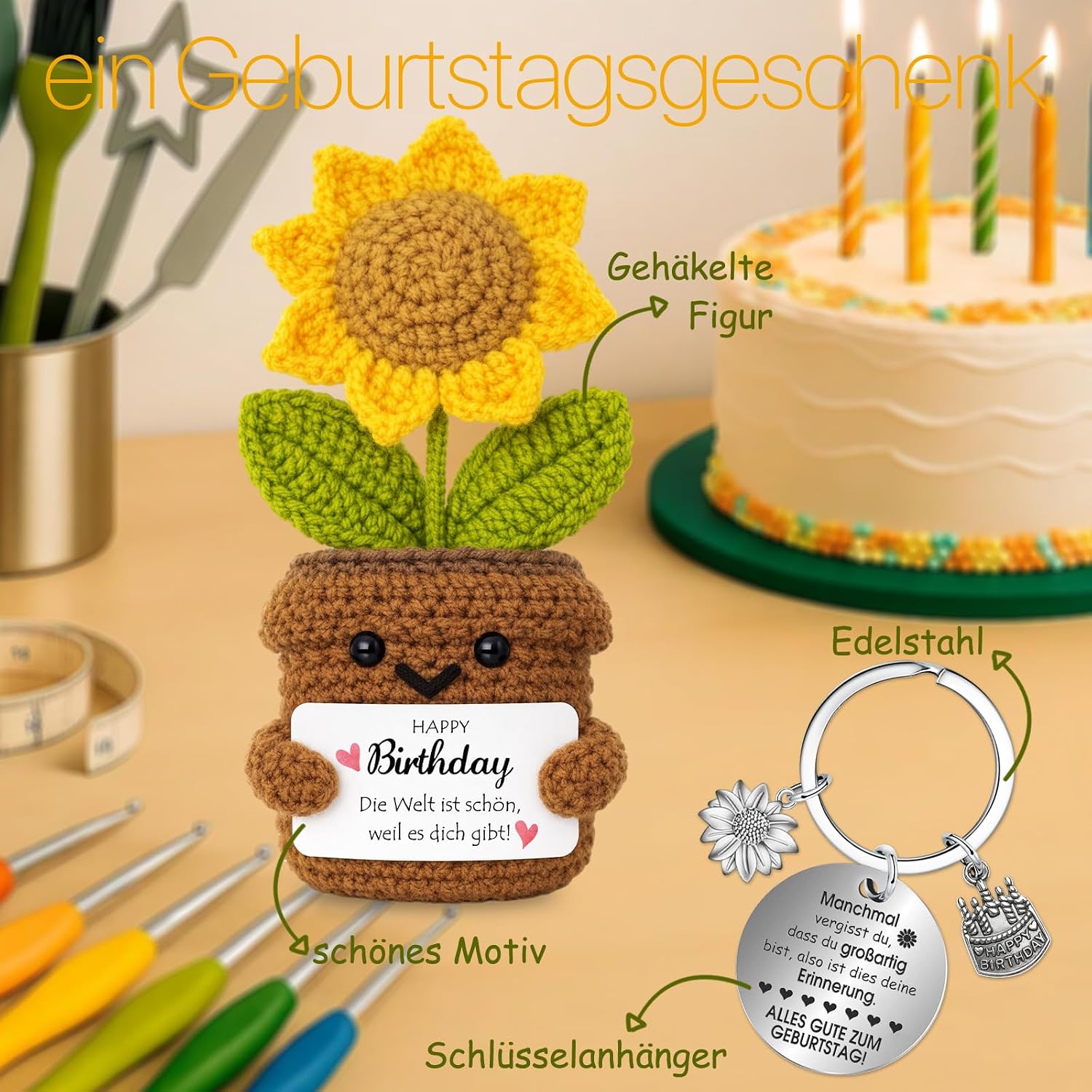 Detalle 2 de Farbeele Positive Sonnenblume & Glücksbringer-Schlüsselanhänger (Pocket Hug Figur) – Geburtstagsgeschenk mit Wunschkarte